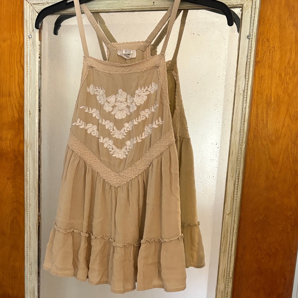 Japna Beige Floral Embroidered Tank Top